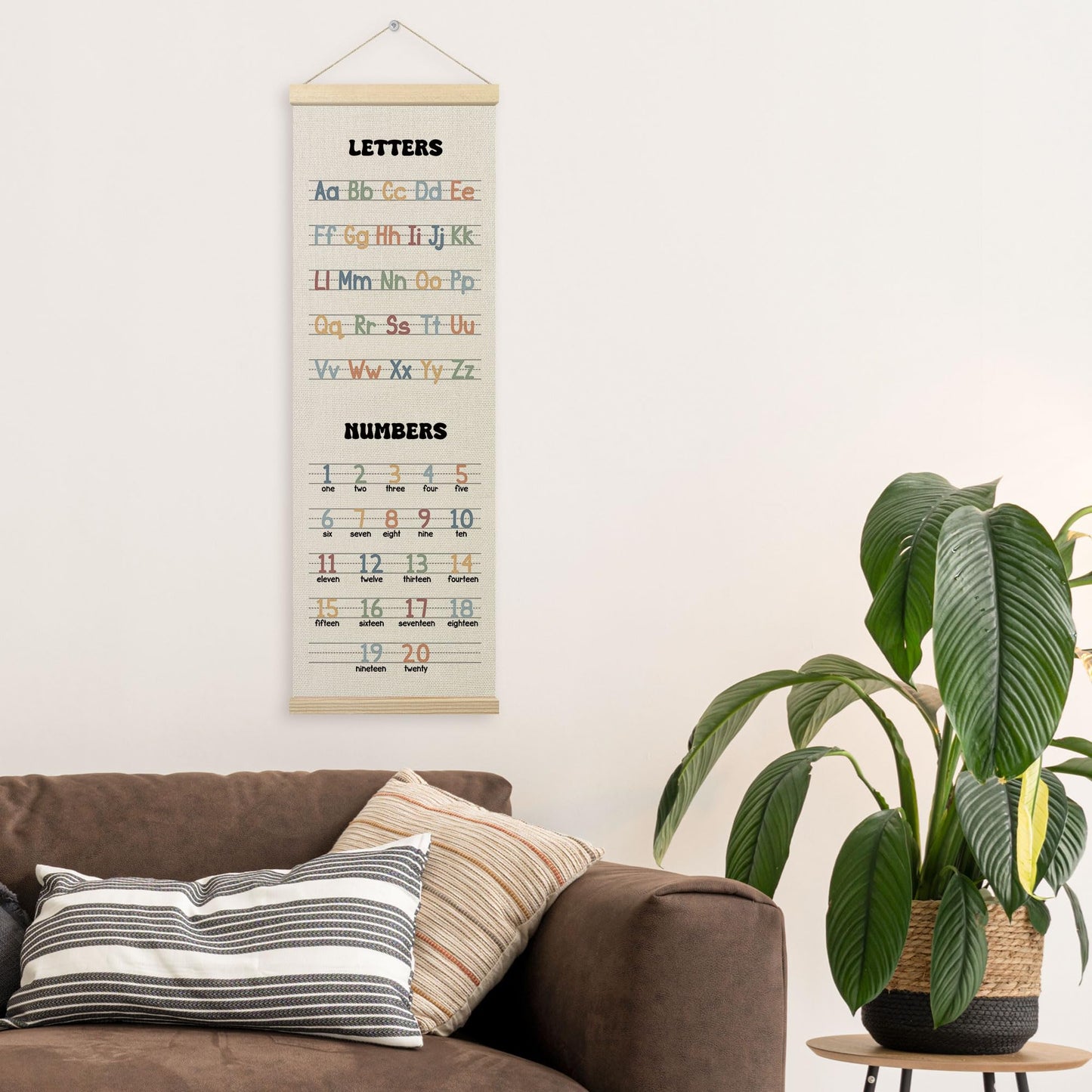 TLESKE Alphabet Number Chart Classroom Wall Art Poster, ABC Letters Education Wall Decor Hanging Poster with Hanger Frame for Classroom Homeschool, Toddlers Kids Room Prints Picture Banner, 12x35