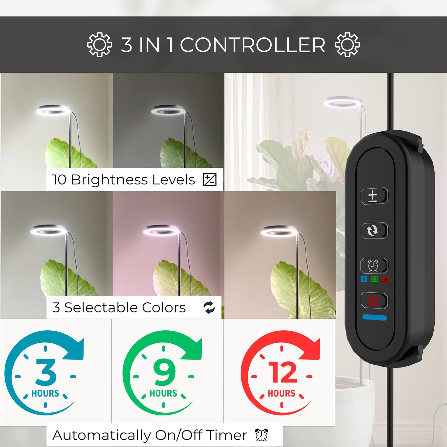 Grow Light in Pot, Full Spectrum LED Plant Grow Light, Height Adjustable, Inline Control for 3 Color Modes Selectable, Auto Timer 3/9/12 Hours, 10 Brightness Levels, USB Plug, for Large Tall Plants