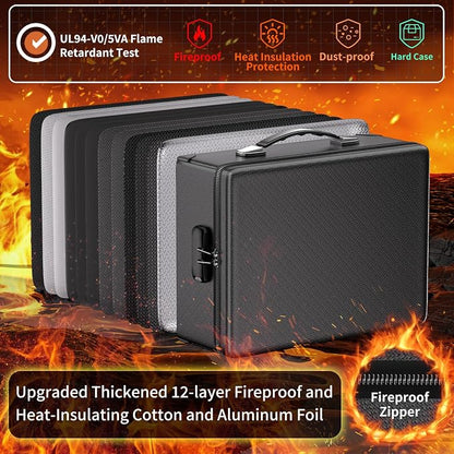 DocSafe Fireproof Document Box with Lock - 12 Layers Heat Insulated, Black | File Organizer Hard Case Safe Box with Fireproof Zipper, Home Safe Protects Important Documents, Passport, Cash