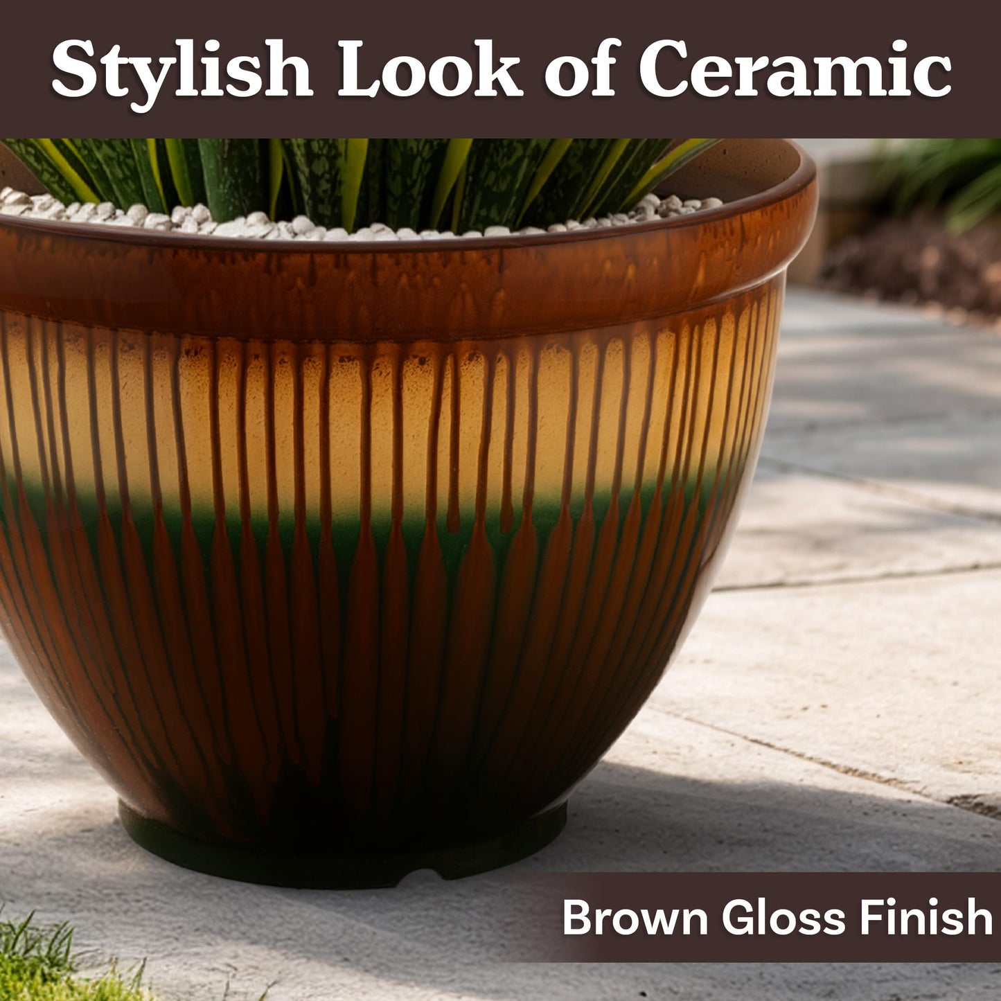 Plastic Plant Pot with Glazed Pottery Finish and Drainage - 13.7” Large Planters for Indoor Plants or Outdoor Garden - UV Resistant Decorative Flower Pot Faux Ceramic Planter by Pure Garden (Bronze)
