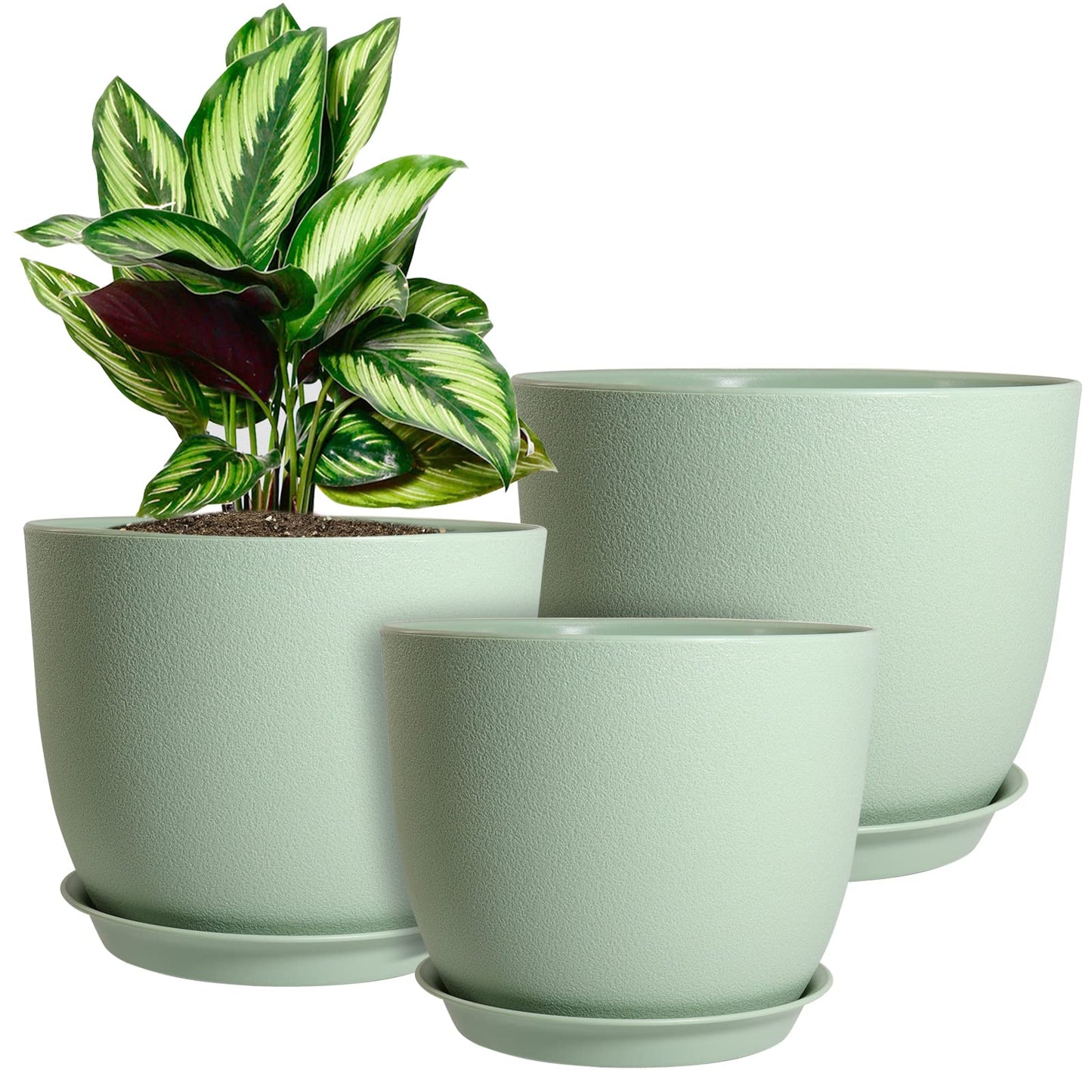 WOUSIWER Plant Pots 10/9/8 inch, Set of 3 Modern Decorative Plastic Planters with Drainage Holes and Saucers for House Plants Indoor Flowers Plants, Green