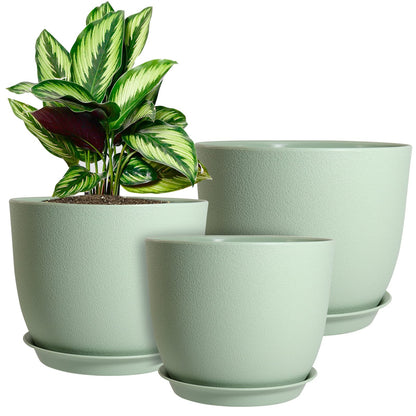 WOUSIWER Plant Pots 10/9/8 inch, Set of 3 Modern Decorative Plastic Planters with Drainage Holes and Saucers for House Plants Indoor Flowers Plants, Green