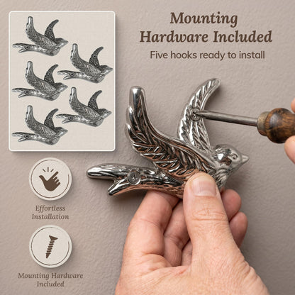 Flying Bird Decorative Wall Hooks (5 Pack) Cast Iron, Silver Coat Hooks, Wall Mounted - Farmhouse Decor, Hooks for Coats, Bags, Hats, Towels, Easy to Install (Antique Silver Hooks)
