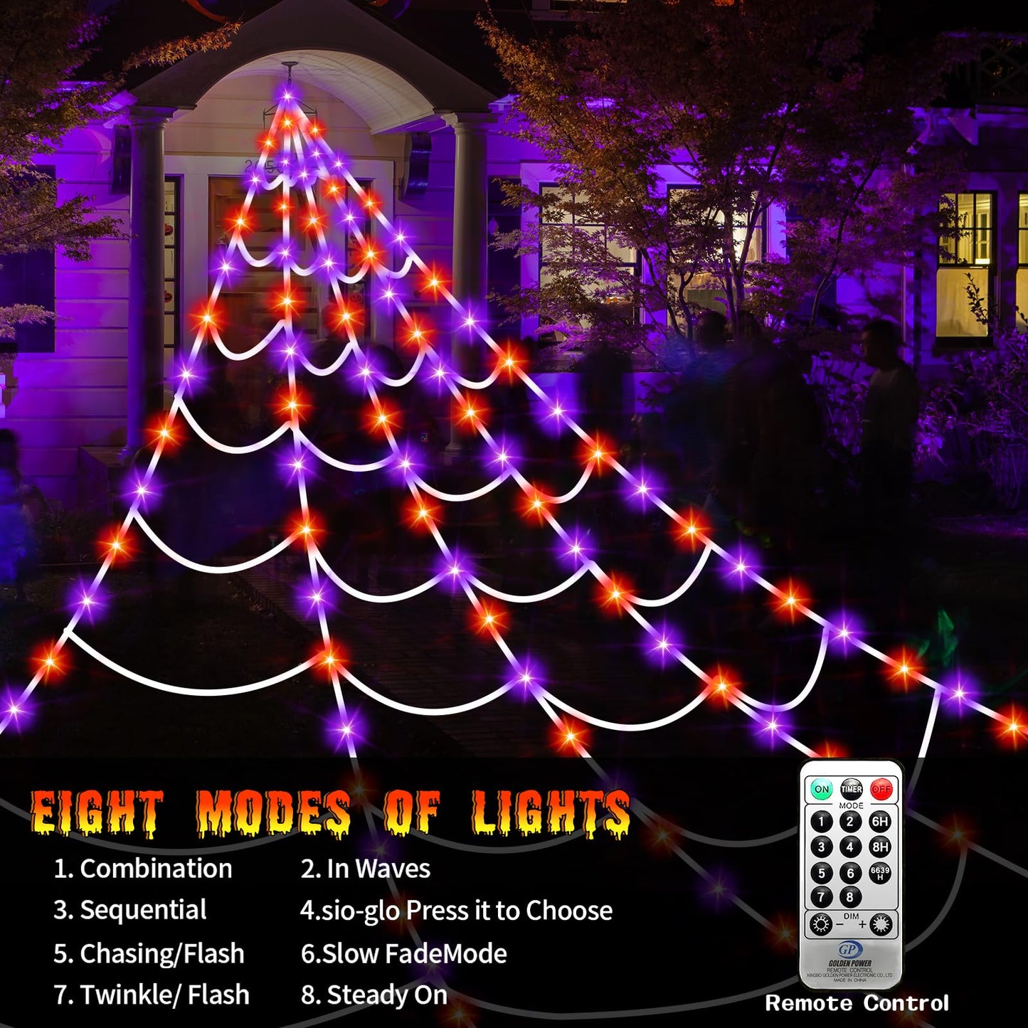 Halloween Decorations Outdoor, 250 LED Halloween Giant Spider Web Lights, 200" Lighted Spiderweb Light up with 8 Modes for Yard Haunted House Decor, Remote Control Without Spider Purple Orange