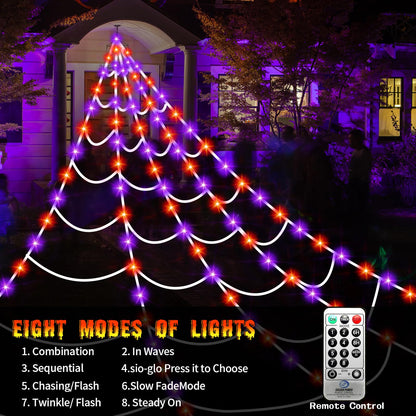 Halloween Decorations Outdoor, 250 LED Halloween Giant Spider Web Lights, 200" Lighted Spiderweb Light up with 8 Modes for Yard Haunted House Decor, Remote Control Without Spider Purple Orange