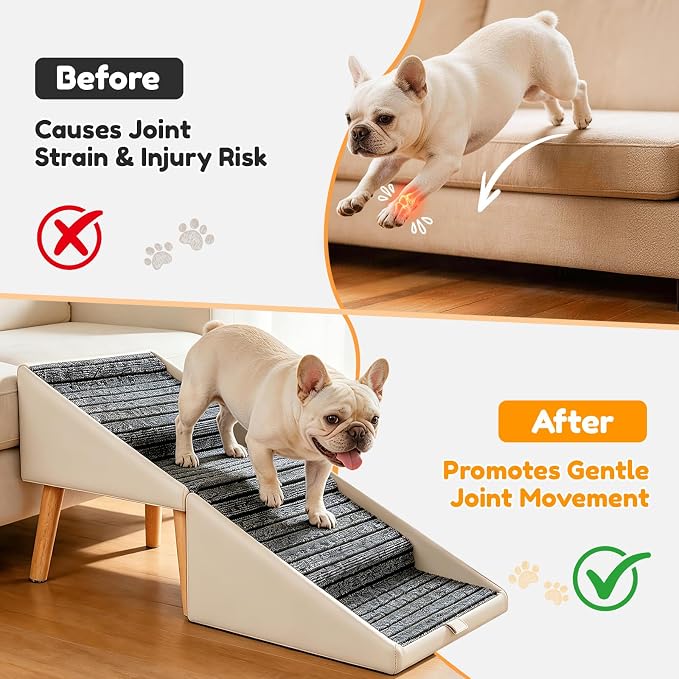 17" H Dog Stairs for Small Dogs – 4-Step Non-Slip Dog Ramp for Couch, Foldable 2-in-1 Pet Stairs & Ottoman, Upgraded Pet Steps for Puppies, Senior Dogs & Injured Pets, Solid Wood Frame (Beige)