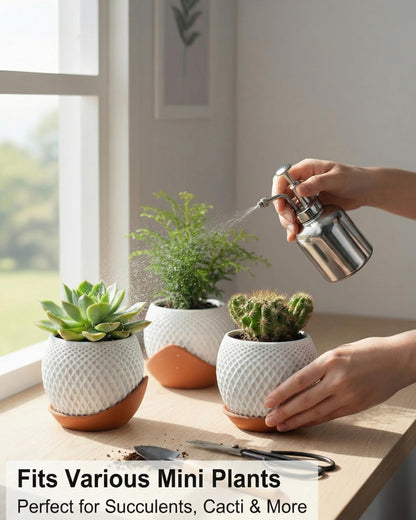 CODIAO Small Plant Pots Indoor with Drainage & Saucer (4 Inch) - Cute 3D Printed Geometric Planter - Modern White Pot for Succulents Cactus - Unique Desk Decor & Gardening Gift (Terra Cotta Base)