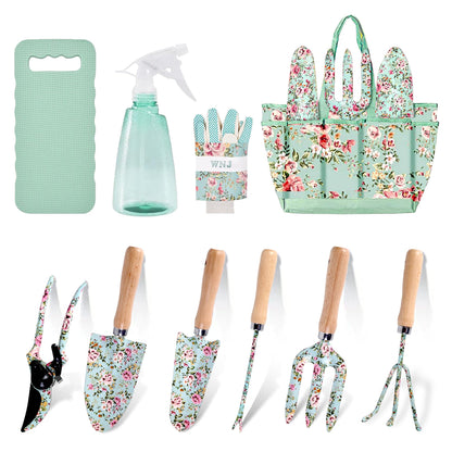 10-Piece Floral Garden Tools Set with Tote Bag, Heavy Duty Gardening Kit with Pruning Shears, Trowels, Rake, Sprayer, Kneeling Pad & Gloves - Gift for Women, Gardener, Mother's Day