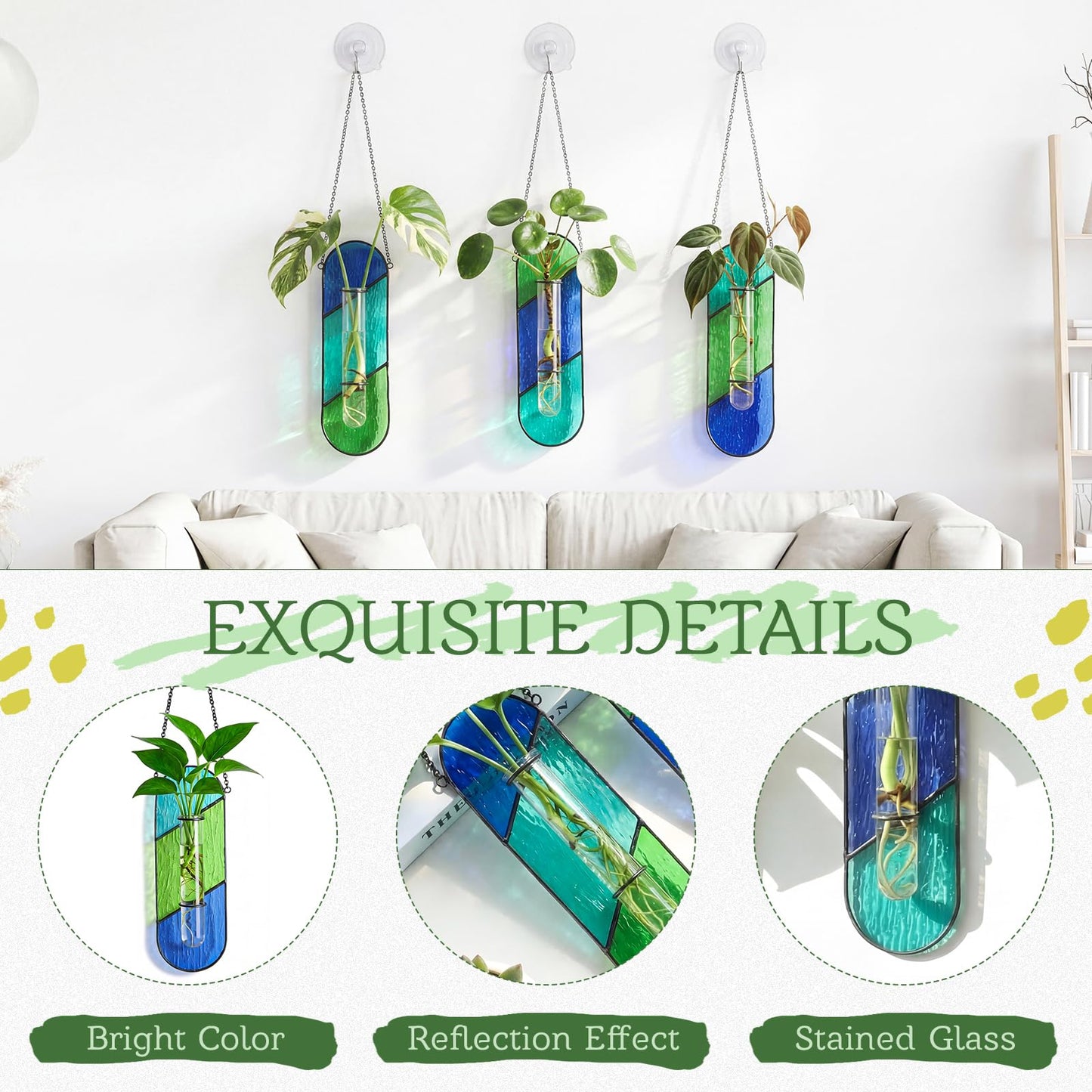 Hushee 3 Pcs Stained Glass Plant Propagation Station Hanging Window Propagation Station Planters with Glass Tubes Hydroponic Planter Terrarium Holder Window Decor for Indoor Home Garden Decor