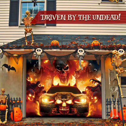 YUSPENYE Halloween Garage Door Decorations with Skull & Fire Vehicle Design, Durable Halloween Garage Door Banner for Single Garage Doors 7x9 ft, Outdoor Party Backdrop