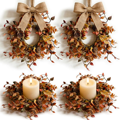 4 Pcs Mini Fall Candle Ring Wreaths Autumn Pinecones Mixed Foliage Artificial Pillar Candle Holder Wreath for Farmhouse Thanksgiving Harvest Porch Front Door Cabinets Table Decoration
