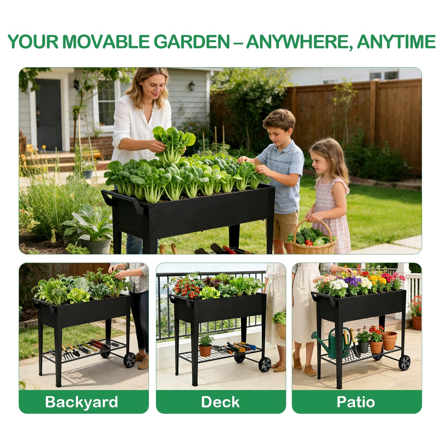FOYUEE 2-Pack 32”Height Elevated Raised Garden Bed with Wheels & Storage Shelf, 400 Lbs Capacity, Anti-Rust, Space-Saving Planter for Vegetables, Herbs, Patio, Balcony, Backyard