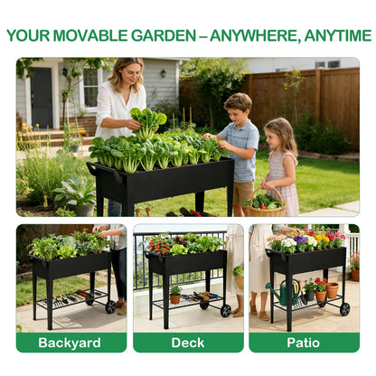 FOYUEE 2-Pack 32”Height Elevated Raised Garden Bed with Wheels & Storage Shelf, 400 Lbs Capacity, Anti-Rust, Space-Saving Planter for Vegetables, Herbs, Patio, Balcony, Backyard