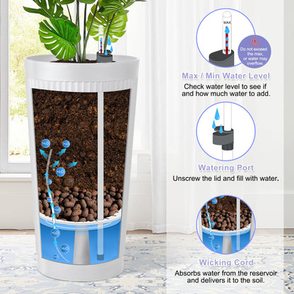 PolarcoForgeco 24in Tall Self-Watering Planters Set of 2 - White Flower Pots with Water Level Monitor, Non-Toxic Plastic Planters for Indoor Outdoor Patio, Porch, Living Room, Home Office