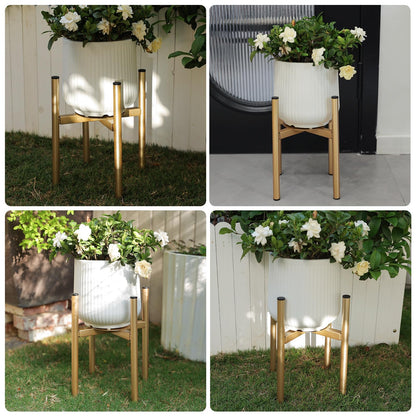 Rioneta Adjustable Metal Plant Stand Indoor, 8 to 14 Inch Pots Mid Century Modern Outdoor Planter Holder,Heavy Duty 160 LB Load, Corner Floor Small Stand for Home Garden Decor Golden