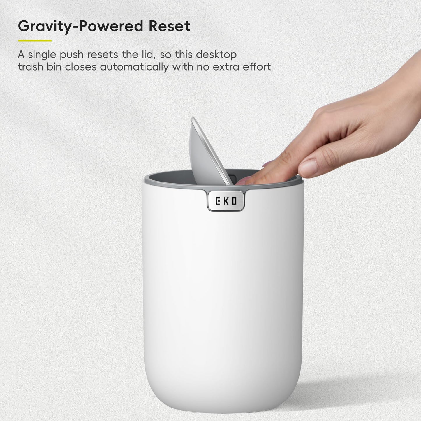 EKO Mini Desk Trash Can with Swing-Top Lid 0.4 Gallon Small Table Round Wastebasket for Office, Home, Car (White)