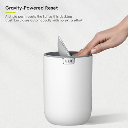 EKO Mini Desk Trash Can with Swing-Top Lid 0.4 Gallon Small Table Round Wastebasket for Office, Home, Car (White)
