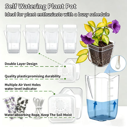 8 Pack Self Watering Pots with Transparent Double-Layer Design, 2.5" Small Plastic Planter for Indoor Plants, Semi-Hydro, Propagation, Flowers, Herbs - Includes 12 Plant Labels & Flower Stickers