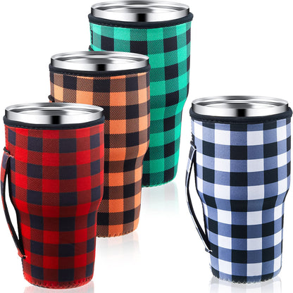 4 Pcs Christmas Reusable Iced Coffee Cup Sleeves 30 oz Reusable Sleeve for Iced Coffee Cup Buffalo Plaid Coffee Neoprene Sleeve Insulated Sleeves Tumbler Sleeve for Iced Hot Drinks