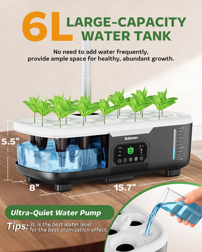 Misting Hydroponic Growing System Kit 15-Pods Indoor Smart Herb Garden Planter with LCD Touch Panel 6L Large Tank for Herb/Vegetables/Flowers/Fruits,Gardening Gifts for Women Men Beginners-Black
