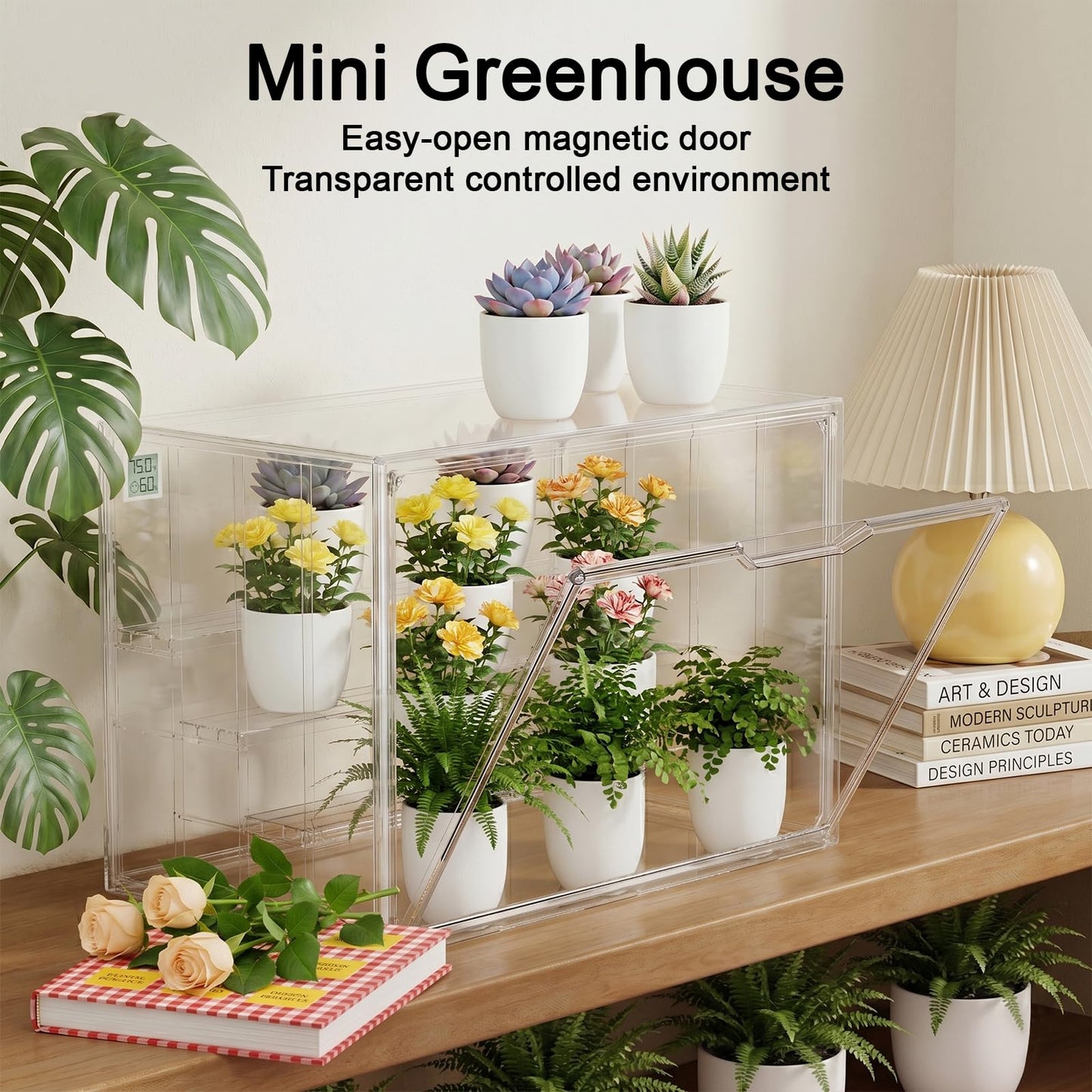 QCQHDU Clear Mini Indoor Greenhouse with Magnetic Door, Grow Light and Hygrometer, 15-Pack 2 Inch Mini Self Watering Pots