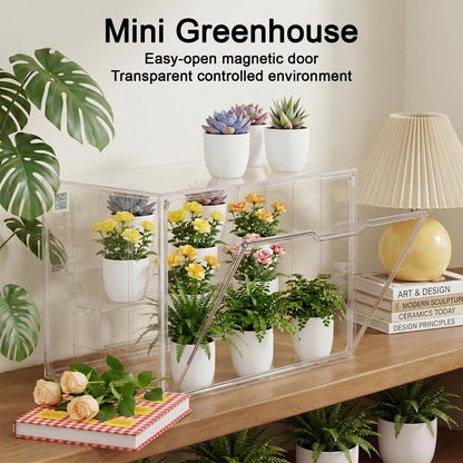 QCQHDU Clear Mini Indoor Greenhouse with Magnetic Door, Grow Light and Hygrometer, 15-Pack 2 Inch Mini Self Watering Pots