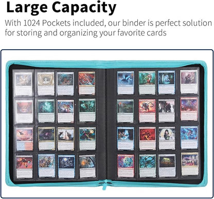 Snekdy premium 1024-pocket trading card binder, 16-pocket cards album, waterproof PU-leather Cover album with side loading, holds gaming, baseball, basketball & sports cards Turquoise