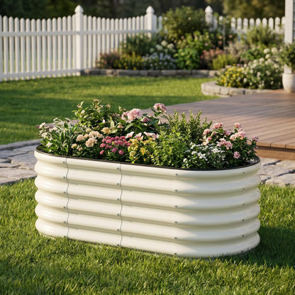 SnugNiture 3 Pcs 4x2x1.5ft Raised Garden Bed Outdoor, 17" Tall Galvanized Metal Planter Box, Oval Raised Garden Bed Kit for Planting Vegetables Plants Fruits, Beige White