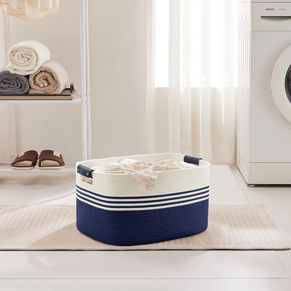 45L Laundry Basket with Leather Handles for Living Room Storage,Woven Rope Baskets for Blanket,Kids Toy,Gifts,Wicker Hamper for Bedroom Dirty Clothes,17.7"x13.8"x10.6"Navy