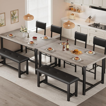Garvee Wooden Dining Table Set for 4, Kitchen Table and 2 Upholstered Chairs with Bench, Rectangular Dining Room Set, for Small Space, Apartment, Home, Easy Assembly, Retro Gray