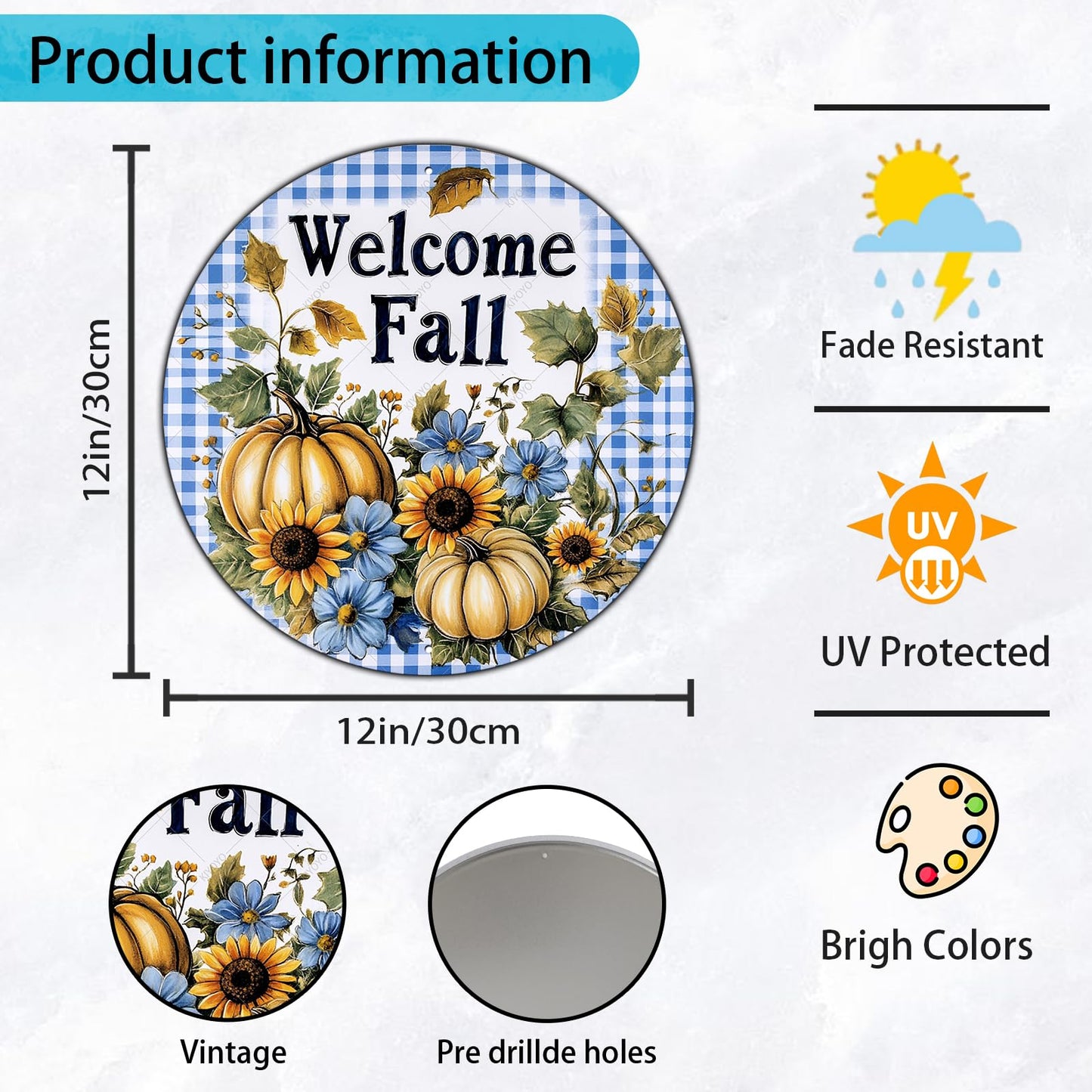 KIYOYO Retro Round Metal Tin Sign Blue Welcome Fall Pumpkins Sign Craft Supplies Pumpkin Wreath Supplies Wreath Center Home Decoration Art Poster 12x12 Inch