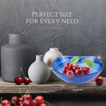 Badash Decorative Glass Serving Bowl, Alabaster Glass Centerpiece Fruit Bowl, Home Décor Table Accent Bowl, 10” Diameter, Cobalt Blue