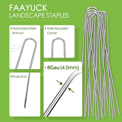 FAAYUCK 12 Inch Landscape Staples, 12/25/50/100 Pack Galvanized Garden Stakes, 8 Gauge Heavy Duty U-Shaped Ground Stakes for Weed Barrier Fabric, Irrigation Tubing, Fence, Outdoor Decorations