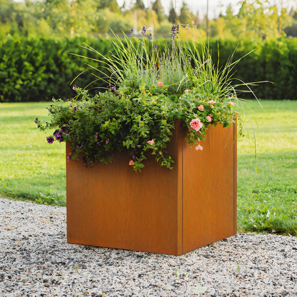 Meyoppm 24"x24"x25" Corten Steel Planter Box, Rustic Metal Planter with Drainage Holes, Rust & Weather Resistant for Patio Garden Indoor Outdoor Commercial Use