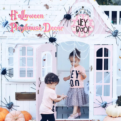 Frugtfrit Pink Halloween Hey Boo Door Decor, 3D Pink Ghost Wood Welcome Sign for Front Porch, Halloween Wreath for Little Boo Baby Shower, Playhouse