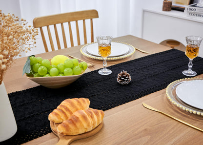 FEXIA Black Table Runner for Summer Home Decor with Tassels 90 Inches Long Farmhouse Rustic Black Halloween Table Runner Macrame Gothic Burlap Table Decoration for Living Room (12x90 Inches)