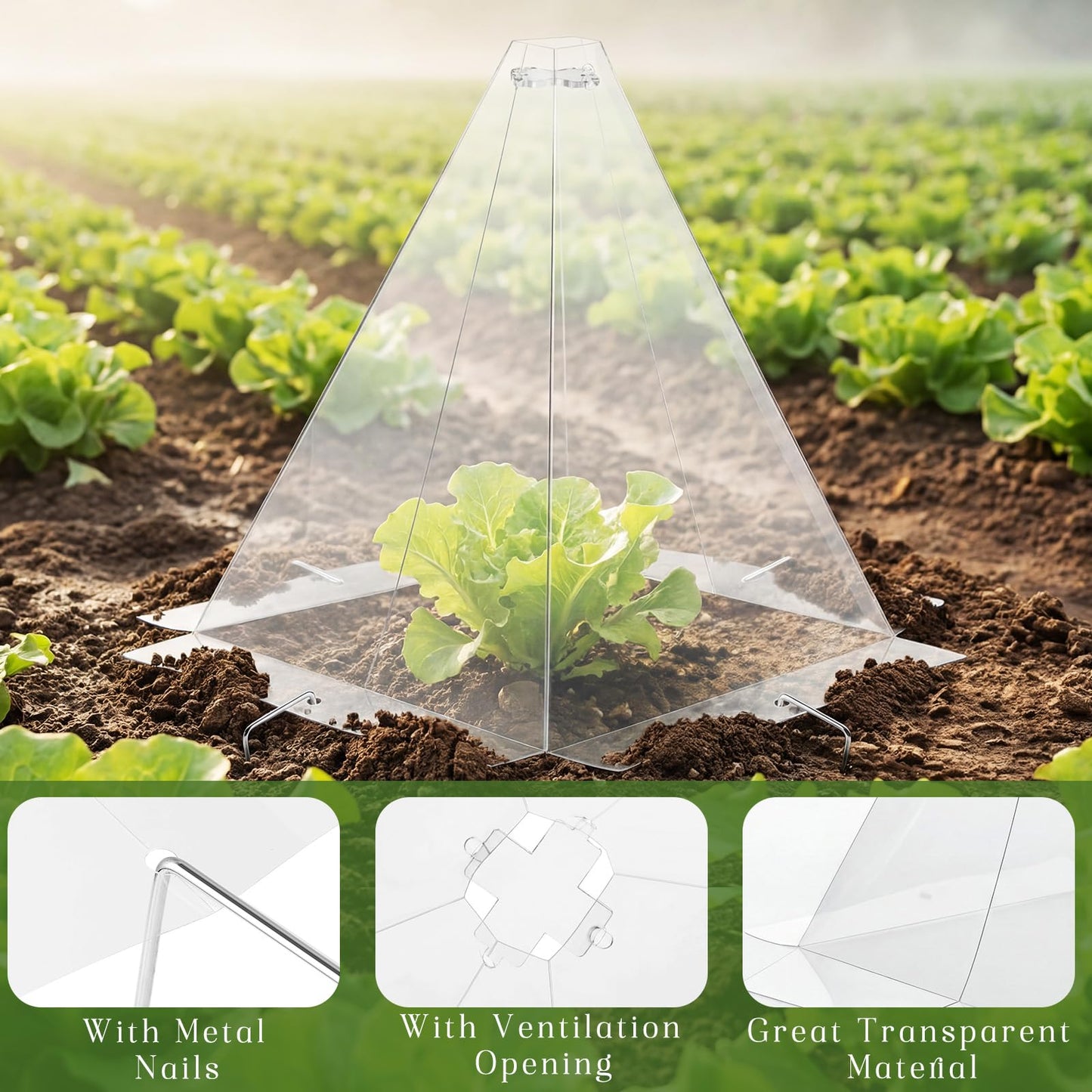 Yalikop 50 Pack Garden Cloches for Plants, Clear Plastic Plant Cloche Covers with 100 Stakes, Reusable Frost Protection Dome for Seedlings, Protect from Snails, Birds, Animals, 7.8" x 11"