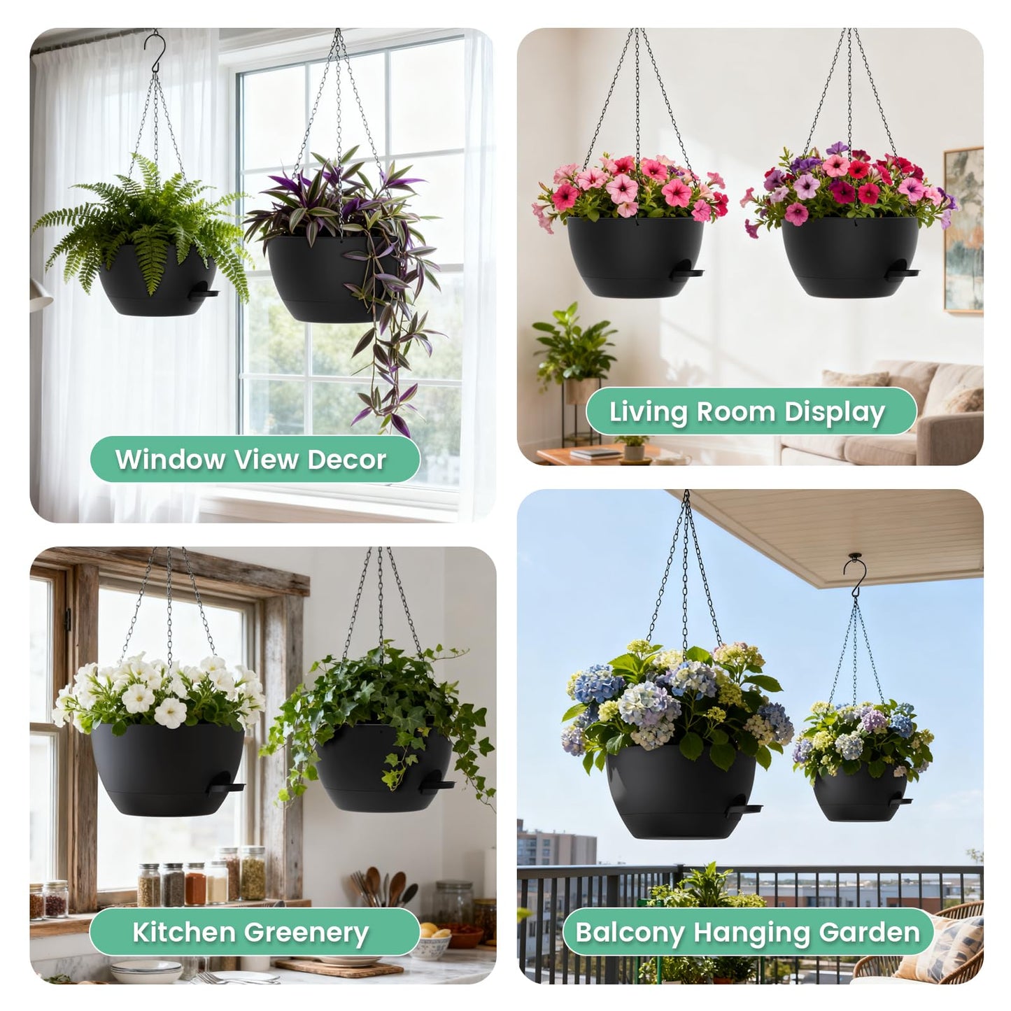 UOUZ 13 Inch 2 Pack Large Self Watering Hanging Planters for Indoor Outdoor Plants, Hanging Plant Pots with Removable 50 Oz Reservoir, Plastic Hanging Basket for Window Porch Garden Balcony, Black