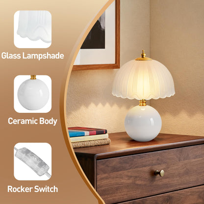 PARTPHONER Mushroom Table Lamp, Ceramic Bedside Lamp with Glass Shade, 3-Way Lighting (2700K-5000K) Rocker Switch, Small Nightstand Lamp for Bedroom, Living Room, Office, White