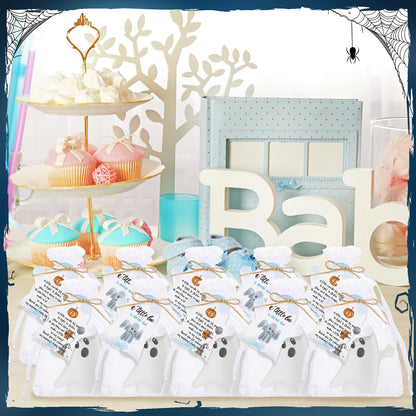 MTLEE 50 Sets Halloween a Little Boo is Almost Du Baby Shower Favors Cute Ghost Candles Unscented with Mini Ghost Thank You Cards Bags for Halloween Boo Gender Reveal Party Supplies (Blue)