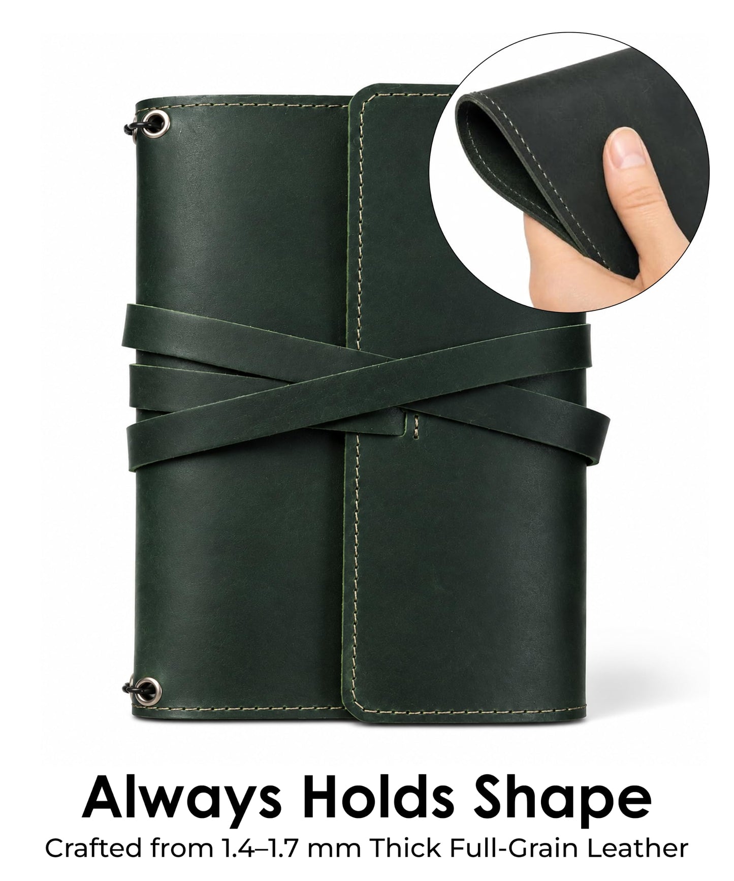 Leather Journal Cover – Refillable A5 Notebook Cover (5.8" x 8.3") with 3 Elastic Bands for Multiple Inserts, Genuine Leather Travel Diary Case with Pockets & Pen Holder Green (Inserts Not Included)