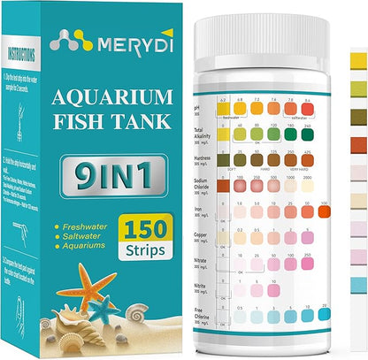 Aquarium Test Strips, 9 in 1 Fish Tank Test Kit for Freshwater Ponds, 150 ct Quick & Accurate Water Testing Iron Copper Sodium Chlorine Nitrate Nitrite Total Alkalinity Hardness Free Chlorine pH