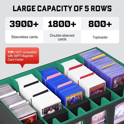ZLCA Trading Card Storage Box 5-Row with Handle, MTG Storage Box Holds 3900+ Cards with Commander Display, Top Loaders Organizer Case for TCG PTCG Sport Card(Black&Green)