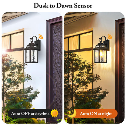 BesLowe Dusk to Dawn Outdoor Wall Lights, Black Metal, 13.8in 2-Pack, Model 30266S, Water Ripple Glass Sconces