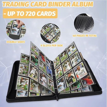 GERMUN 3 Ring 9 Pocket Zipper Card Binder, 720 Double Sided Standard PU Trading Card Album Folder for TCG & Sports Cards, Not Fit Top Loaders(Black2)