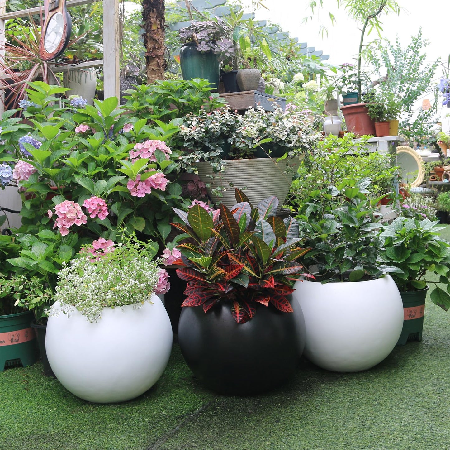 Panlaolao 13.5 H x 17" Dia (12" Pot Opening) Round Fiberstone Planter with Drainage Hole, Black, Indoor/Outdoor Large Plant Pot for Home Patio Garden, Ideal for Large Plants