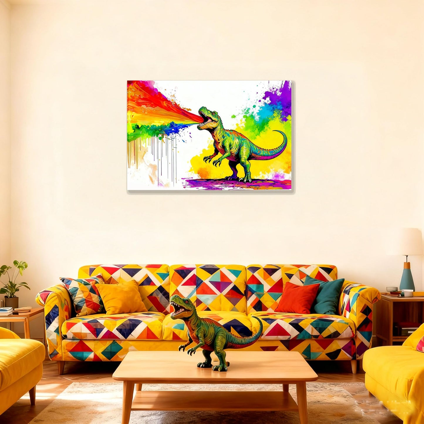 16x24 Graffiti Wall Art Colorful T-Rex Spitting Rainbow Fire Framed Canvas Dianosaur Prints Decor Pop Cartoon Picture Kids Nursey Bathroom Pictures Teen Boys Bedroom Child Funny Animals Posters