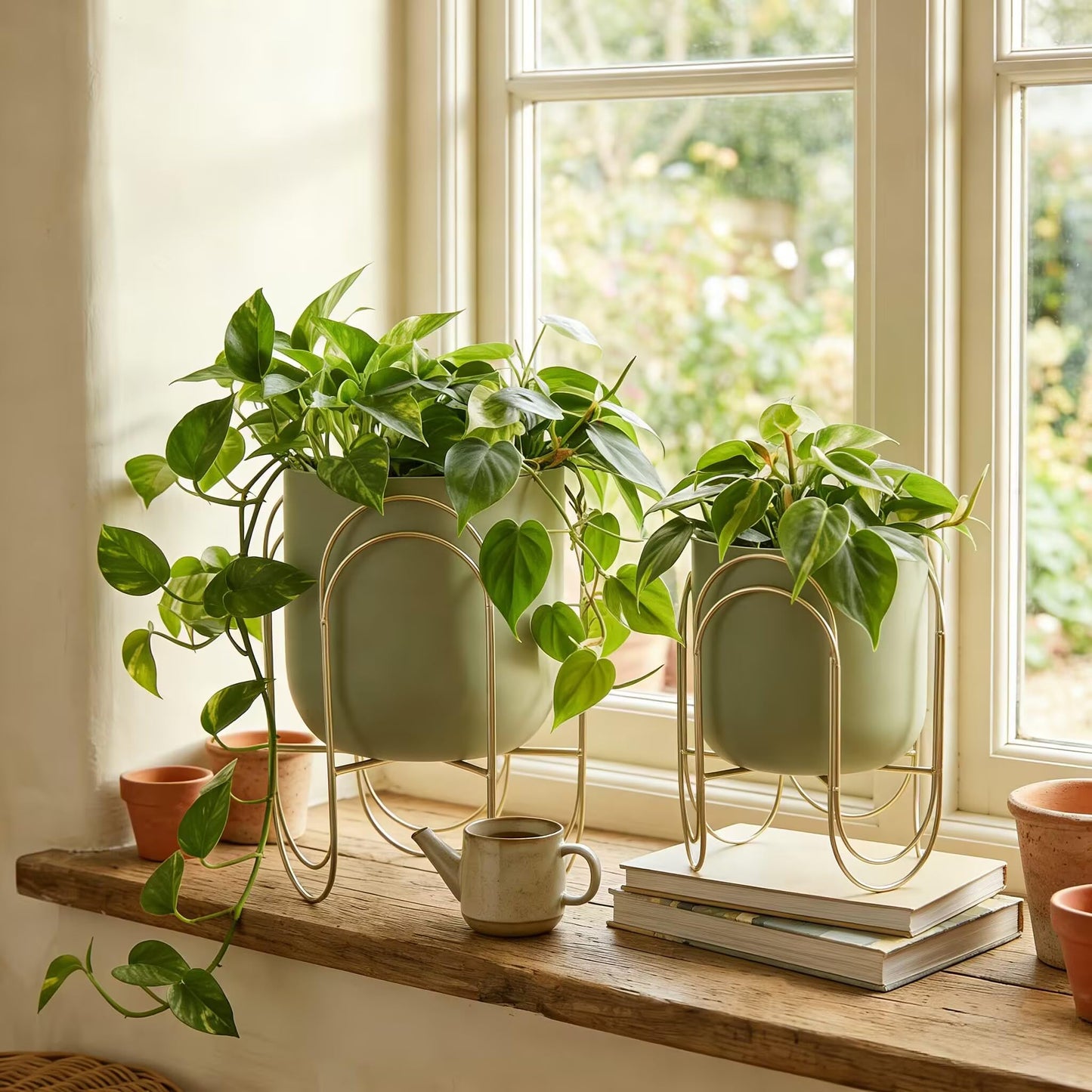 JHY DESIGN Set of 2 Planters with Stand Indoor Outdoor Metal Plant Stand 11.5/8" H Modern Planters Flower Pots for Living Room Corner Kitchen Office Garden Balcony Patio Decor(Green)