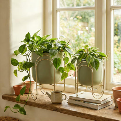 JHY DESIGN Set of 2 Planters with Stand Indoor Outdoor Metal Plant Stand 11.5/8" H Modern Planters Flower Pots for Living Room Corner Kitchen Office Garden Balcony Patio Decor(Green)