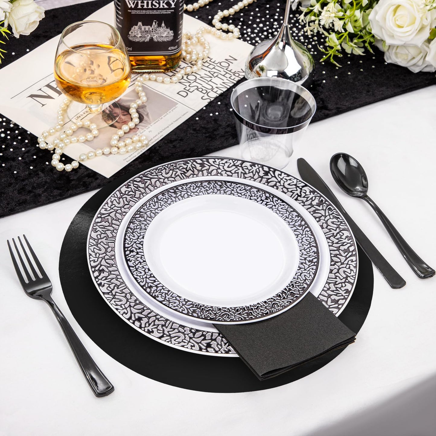 30 PCS Black Paper Placemats Round Disposable Halloween Placemat Shiny Mirrored Paper Charger Placemats for Halloween 50th Birthday Wedding Bachelorette Graduation Holiday Party Dinner Table Decor